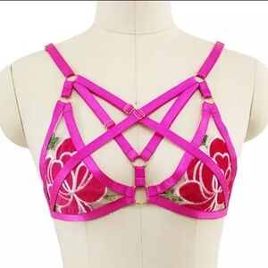 PINK FLORAL & MESH EMBROIDERED RAVE CLUB HARNESS BRA